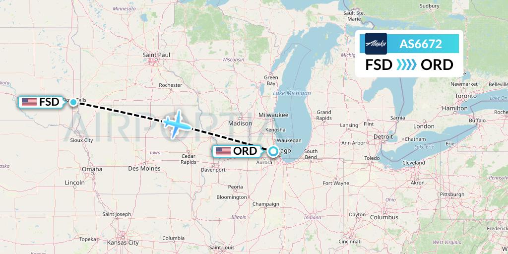 AS6672 Alaska Airlines Flight Map: Sioux Falls to Chicago