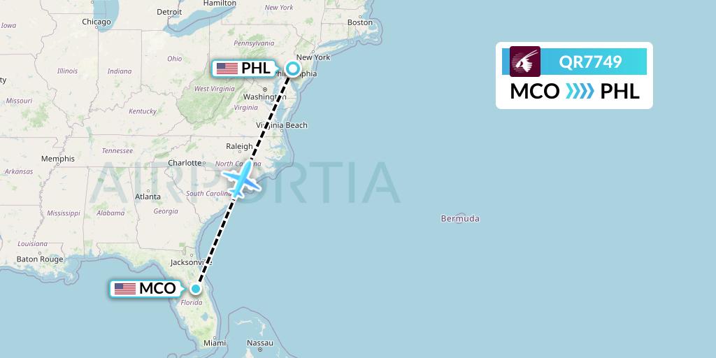 QR7749 Qatar Airways Flight Map: Orlando to Philadelphia