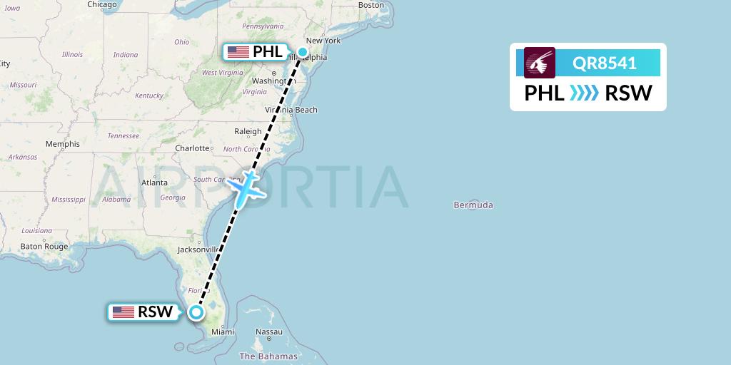 QR8541 Qatar Airways Flight Map: Philadelphia to Fort Myers