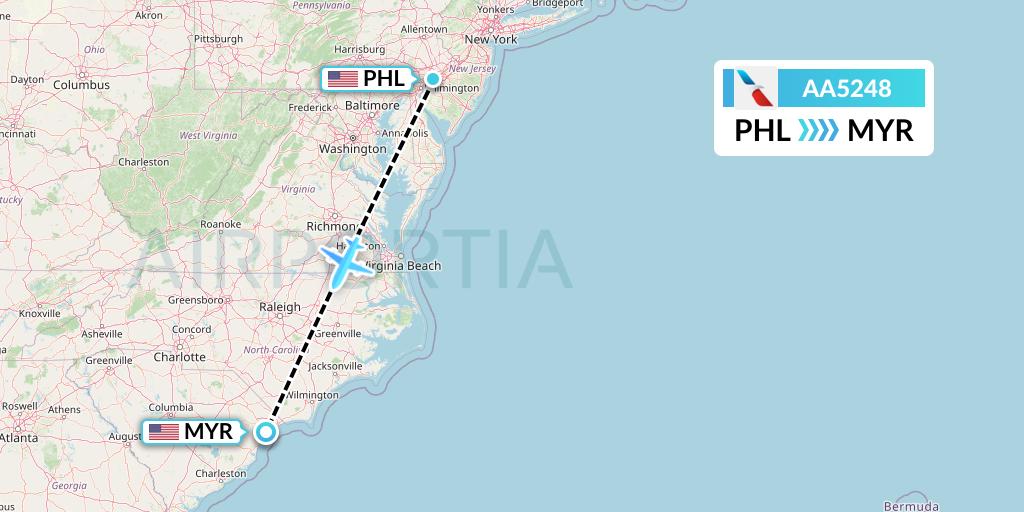 AA5248 American Airlines Flight Map: Philadelphia to Myrtle Beach