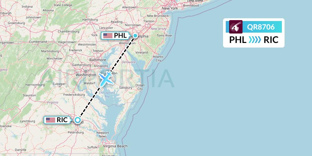 QR8706 Qatar Airways Flight Map: Philadelphia to Richmond