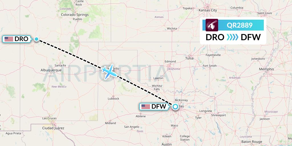 QR2889 Qatar Airways Flight Map: Durango to Dallas