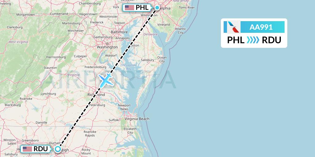 AA991 American Airlines Flight Map: Philadelphia to Raleigh-Durham