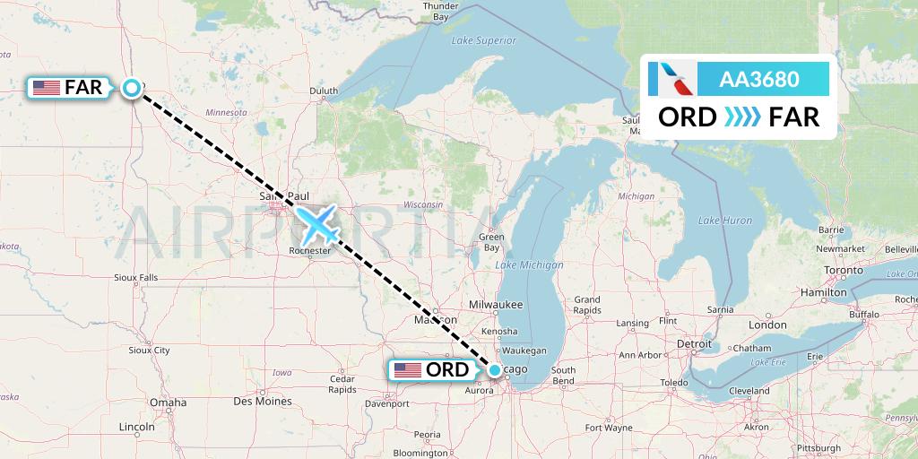 AA3680 American Airlines Flight Map: Chicago to Fargo