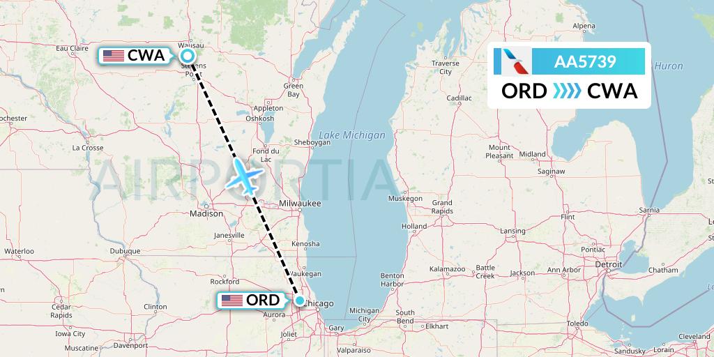 AA5739 American Airlines Flight Map: Chicago to Wausau