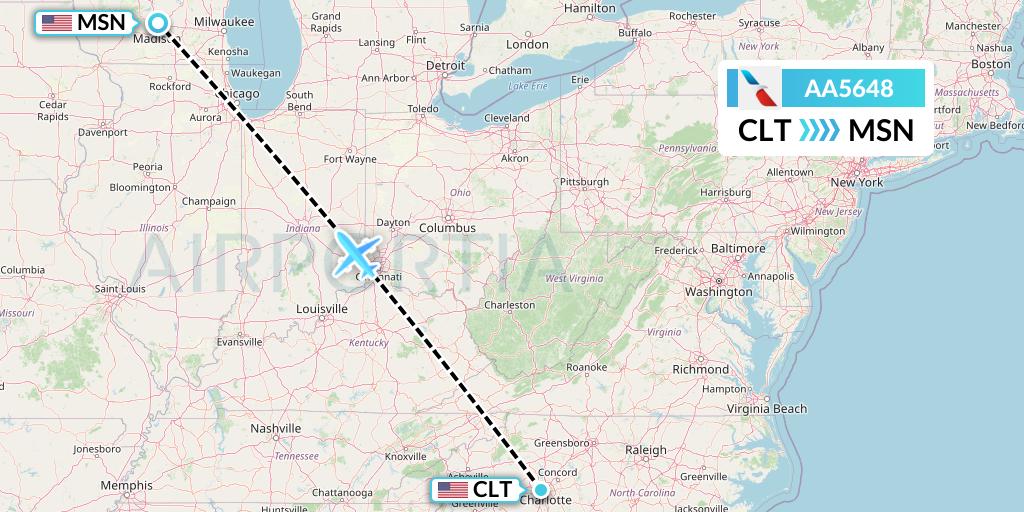 AA5648 American Airlines Flight Map: Charlotte to Madison