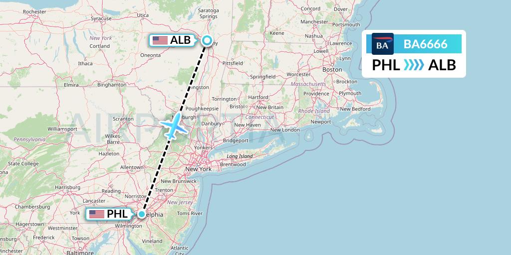 BA6666 British Airways Flight Map: Philadelphia to Albany