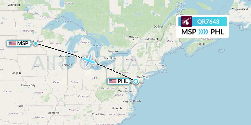 QR7643 Qatar Airways Flight Map: Minneapolis to Philadelphia