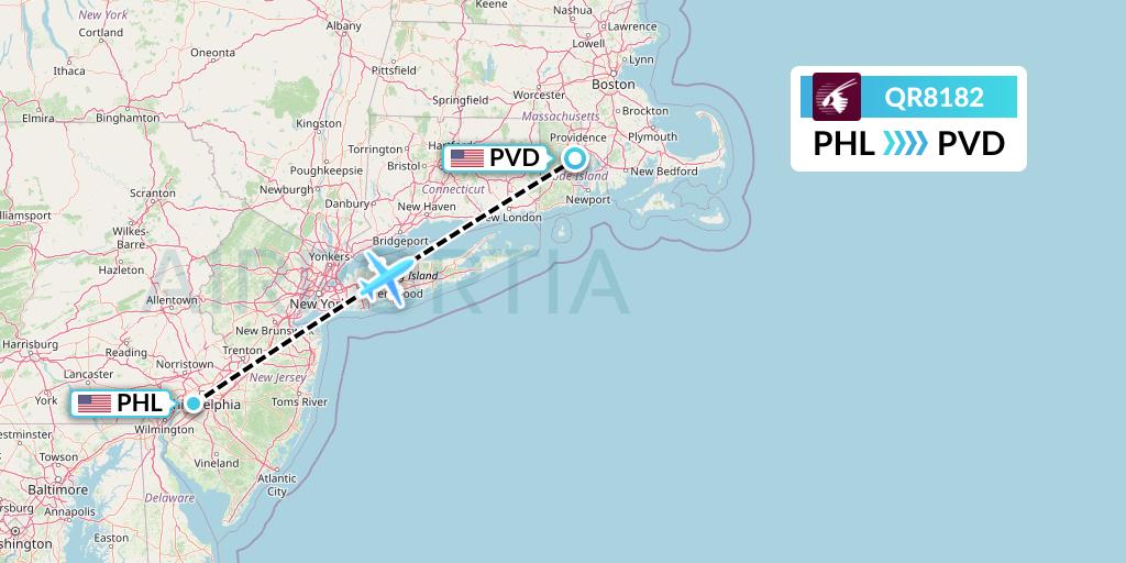 QR8182 Qatar Airways Flight Map: Philadelphia to Providence