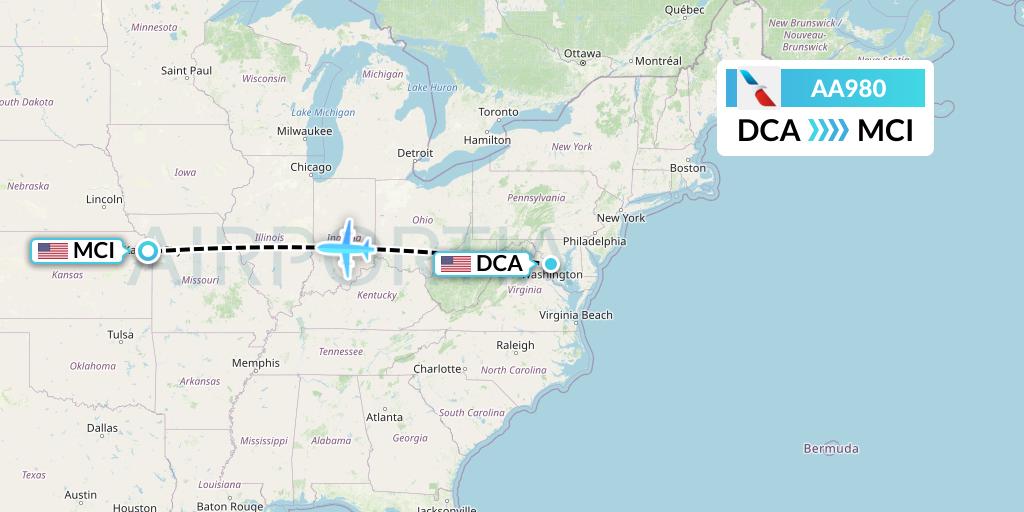 AA980 American Airlines Flight Map: Washington to Kansas City