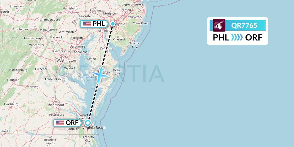 QR7765 Qatar Airways Flight Map: Philadelphia to Norfolk