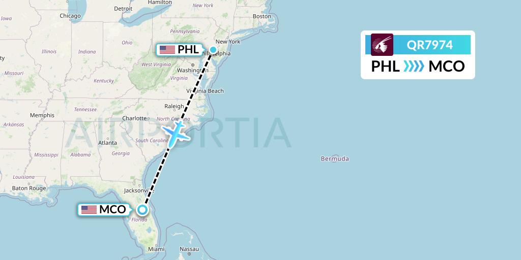 QR7974 Qatar Airways Flight Map: Philadelphia to Orlando
