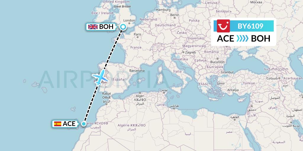 BY6109 TUI Airways Flight Map: Lanzarote to Bournemouth