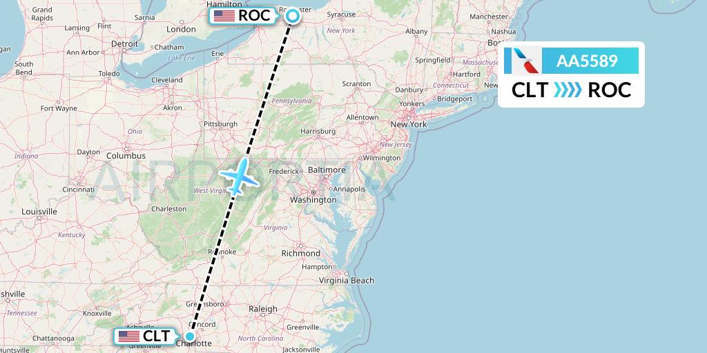 AA5589 American Airlines Flight Map: Charlotte to Rochester