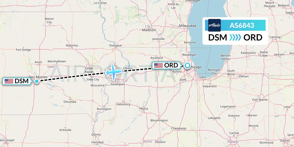 AS6843 Alaska Airlines Flight Map: Des Moines to Chicago