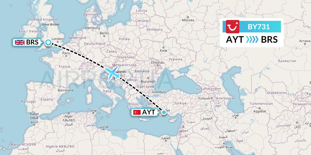 BY731 TUI Airways Flight Map: Antalya to Bristol