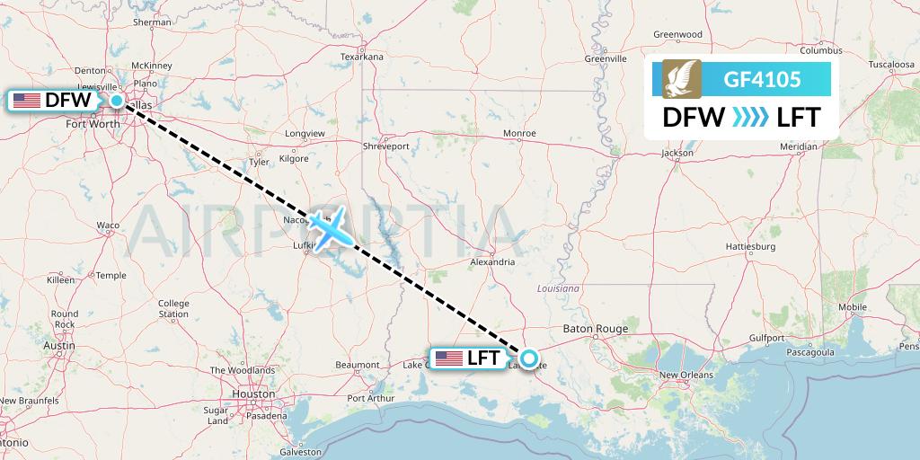 GF4105 Gulf Air Flight Map: Dallas to Lafayette