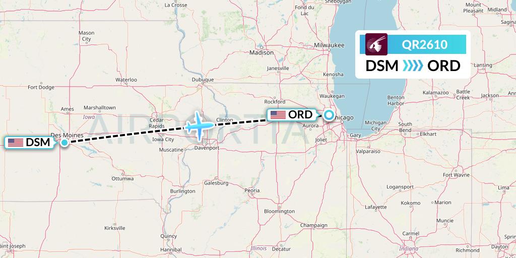 QR2610 Qatar Airways Flight Map: Des Moines to Chicago