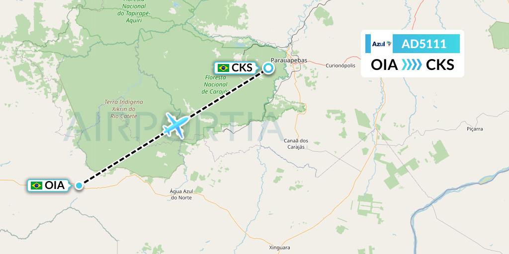 AD5111 Azul Brazilian Airlines Flight Map: Ourilandia to Carajas