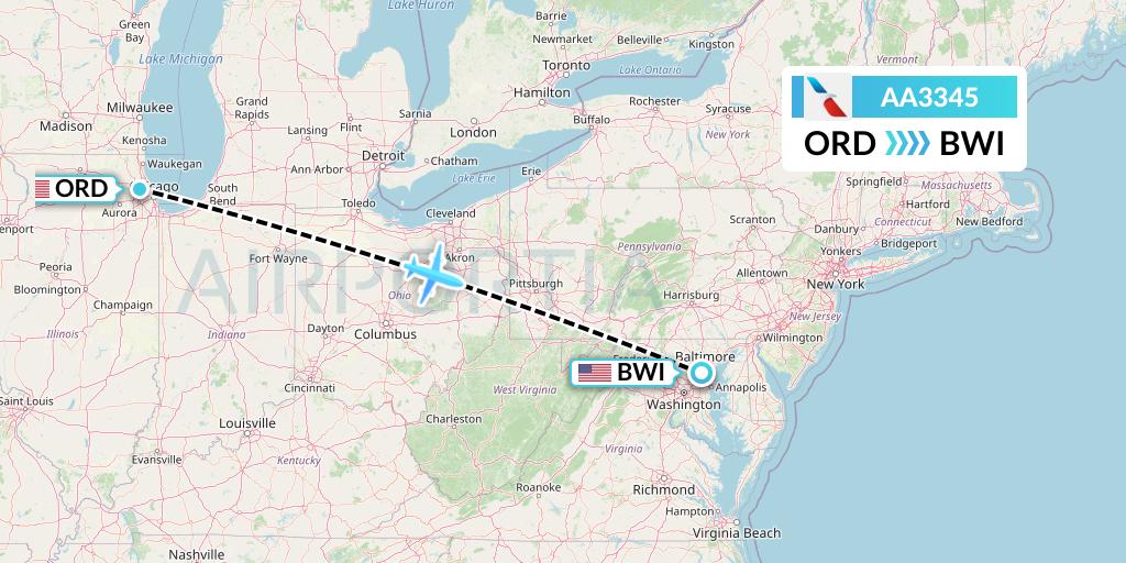 AA3345 American Airlines Flight Map: Chicago to Baltimore