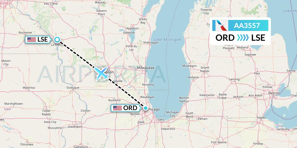 AA3557 American Airlines Flight Map: Chicago to La Crosse