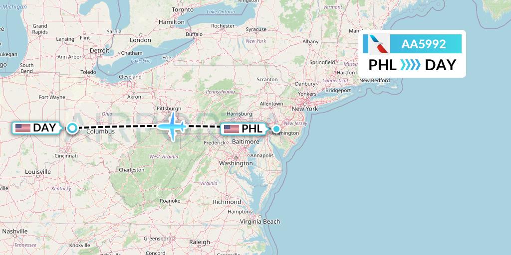 AA5992 American Airlines Flight Map: Philadelphia to Dayton