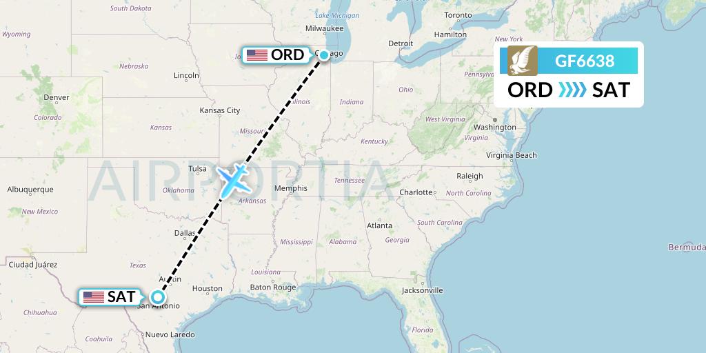 GF6638 Gulf Air Flight Map: Chicago to San Antonio