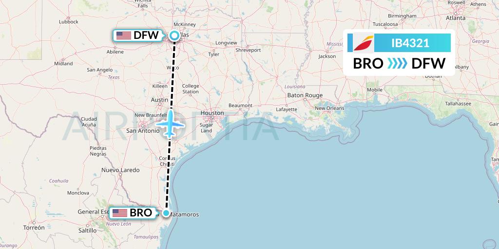 IB4321 Iberia Flight Map: Brownsville to Dallas