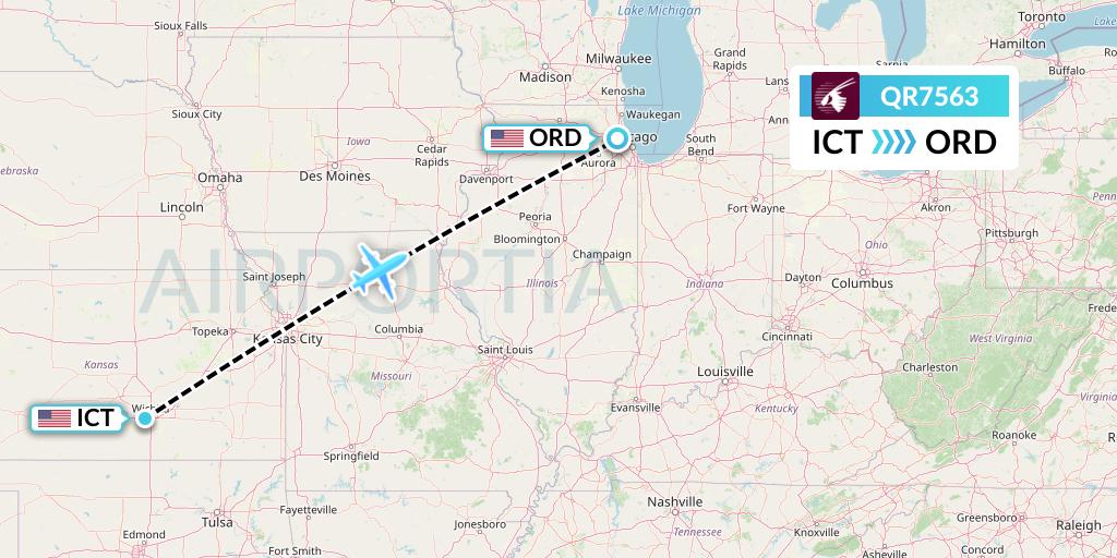 QR7563 Qatar Airways Flight Map: Wichita to Chicago