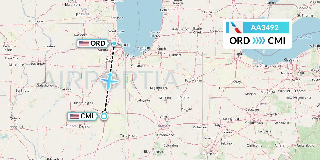 AA3492 American Airlines Flight Map: Chicago to Champaign