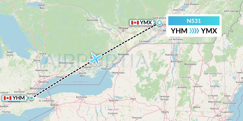 N531 Nolinor Aviation Flight Map: Hamilton to Montreal