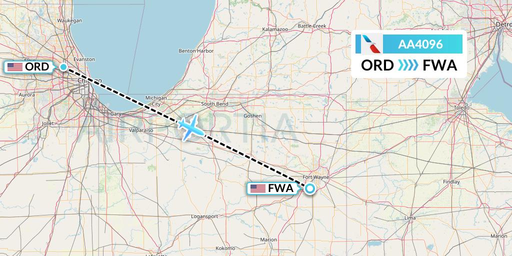 AA4096 American Airlines Flight Map: Chicago to Fort Wayne
