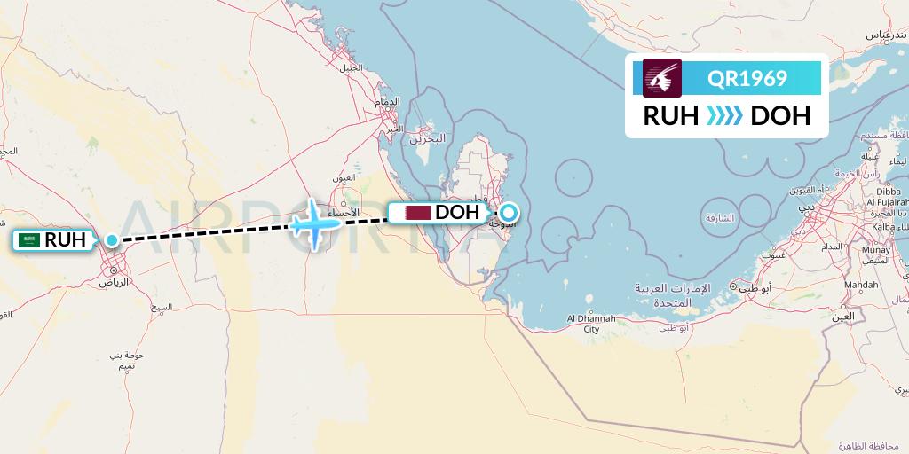 QR1969 Qatar Airways Flight Map: Riyadh to Doha
