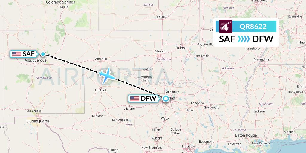 QR8622 Qatar Airways Flight Map: Santa Fe to Dallas