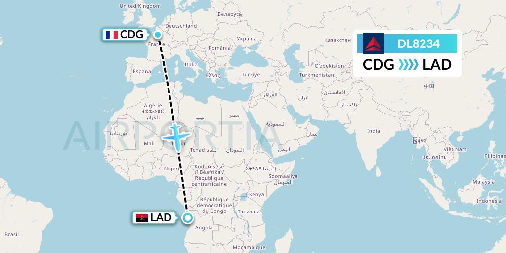 DL8234 Delta Air Lines Flight Map: Paris to Luanda