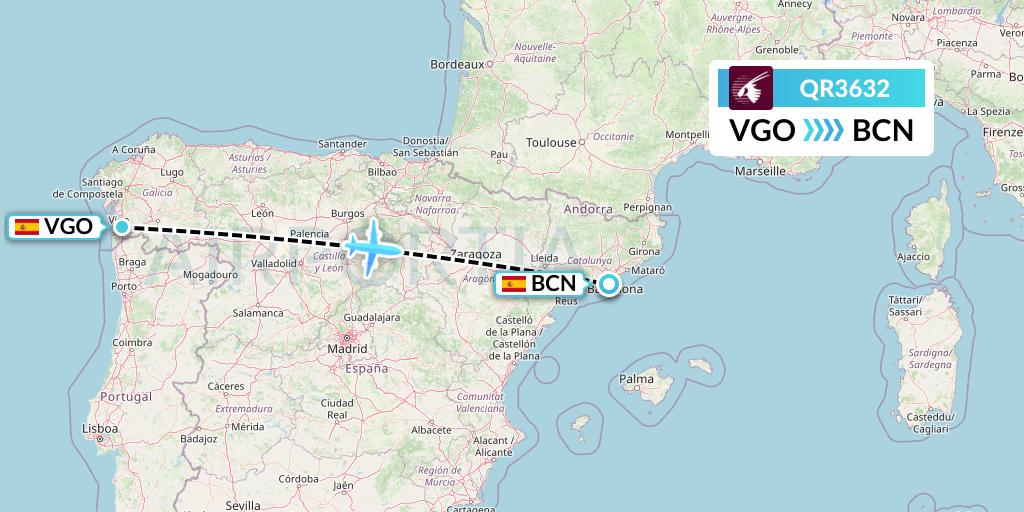 QR3632 Qatar Airways Flight Map: Vigo to Barcelona