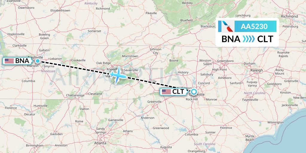 AA5230 American Airlines Flight Map: Nashville to Charlotte