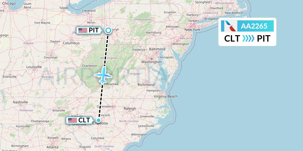 AA2265 American Airlines Flight Map: Charlotte to Pittsburgh