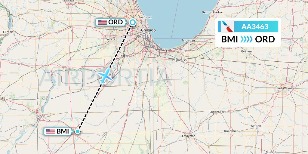 AA3463 American Airlines Flight Map: Bloomington to Chicago