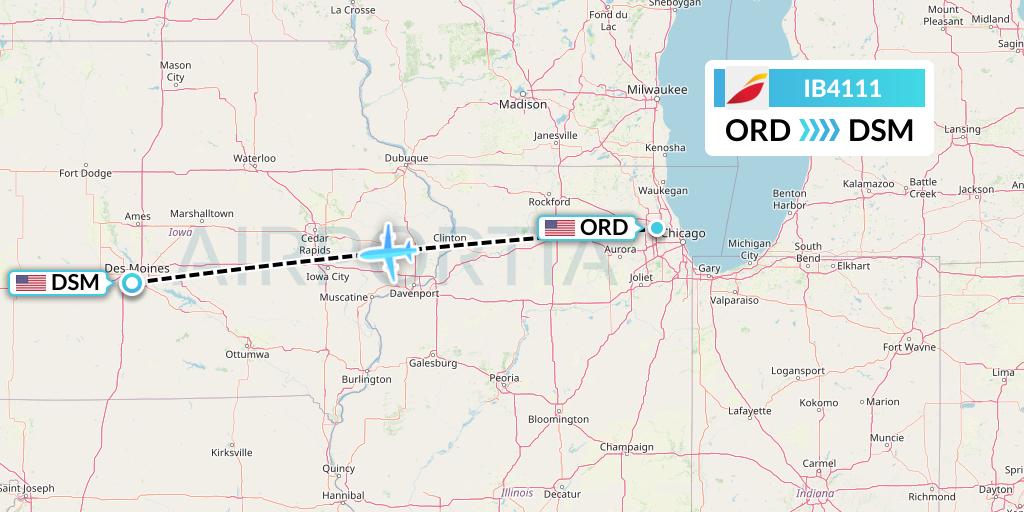 IB4111 Iberia Flight Map: Chicago to Des Moines