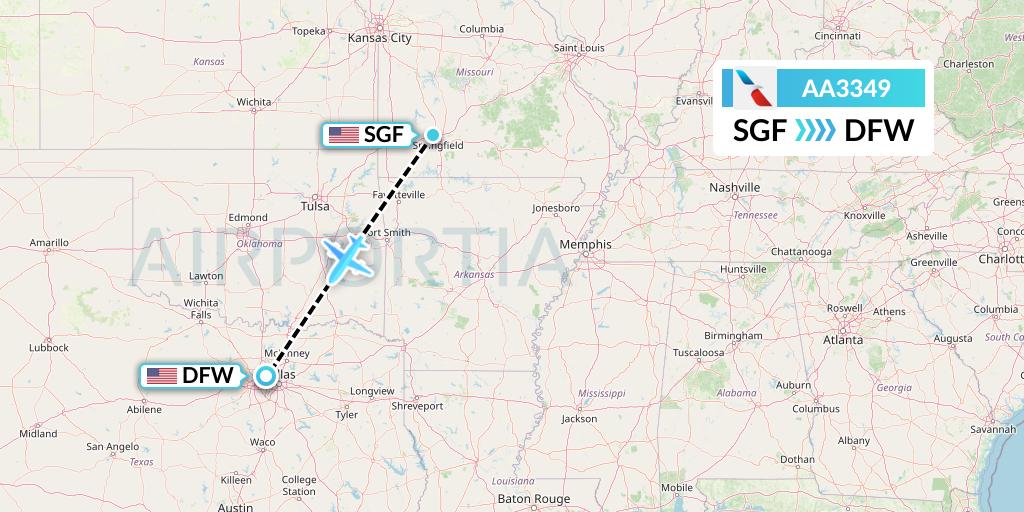 AA3349 American Airlines Flight Map: Springfield to Dallas