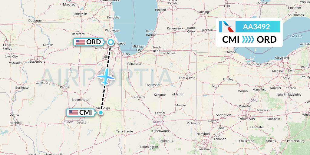 AA3492 American Airlines Flight Map: Champaign to Chicago