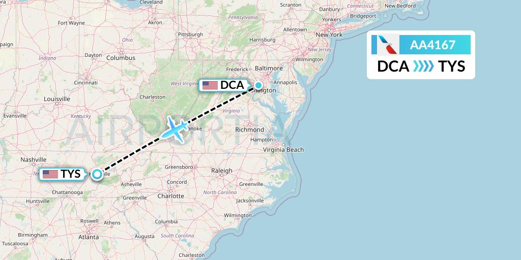 AA4167 American Airlines Flight Map: Washington to Knoxville
