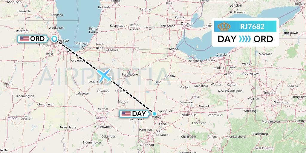 RJ7682 Royal Jordanian Flight Map: Dayton to Chicago