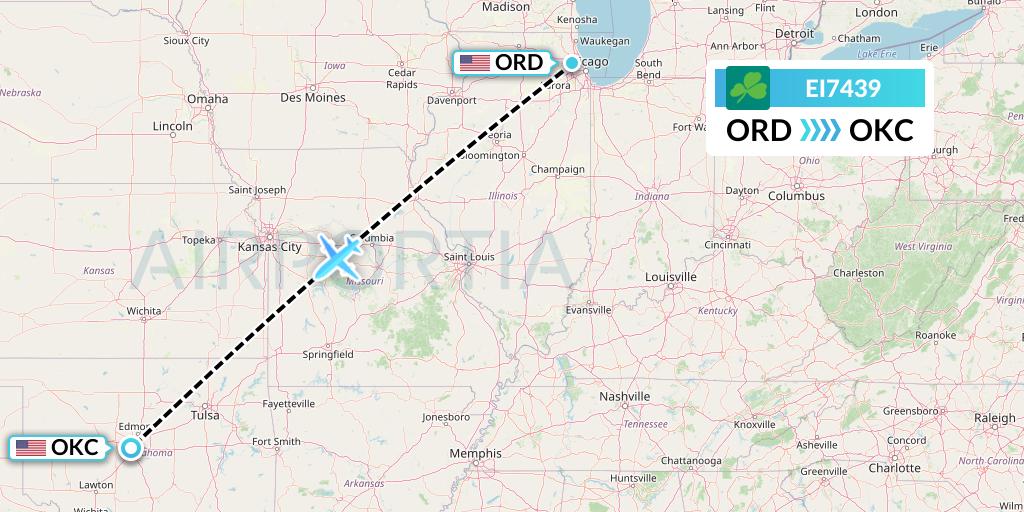 EI7439 Aer Lingus Flight Map: Chicago to Oklahoma City