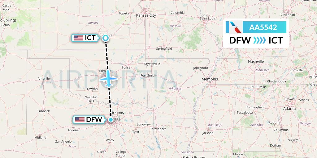 AA5542 American Airlines Flight Map: Dallas to Wichita
