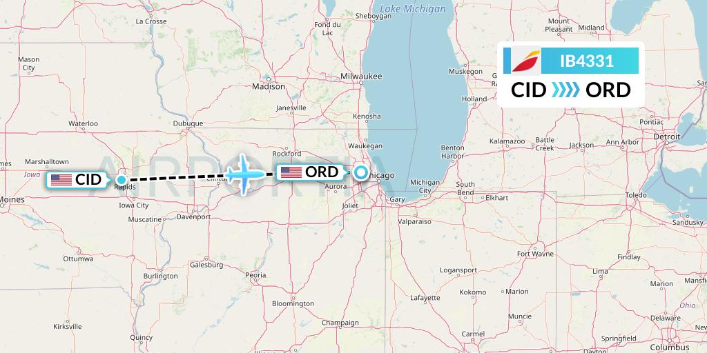 IB4331 Iberia Flight Map: Cedar Rapids to Chicago