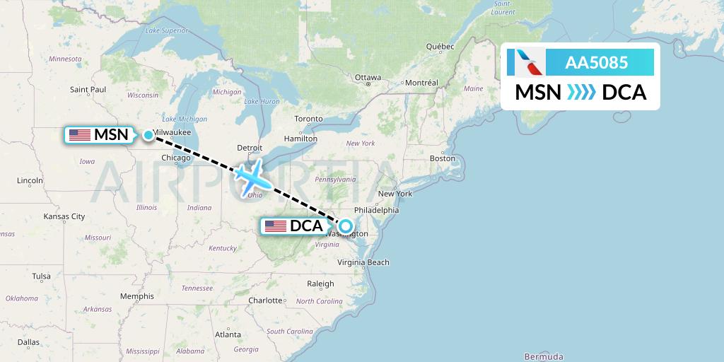 AA5085 American Airlines Flight Map: Madison to Washington