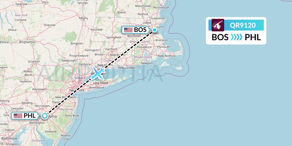 QR9120 Qatar Airways Flight Map: Boston to Philadelphia