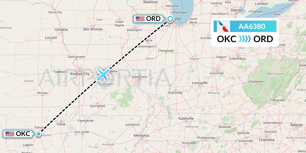 AA6380 American Airlines Flight Map: Oklahoma City to Chicago